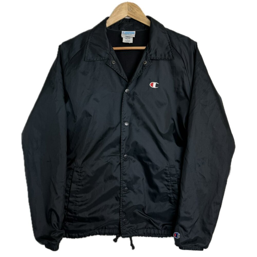 Vintage Champion Jacket Men Medium Black 90s Coaches Windbreaker Snap Up Logo